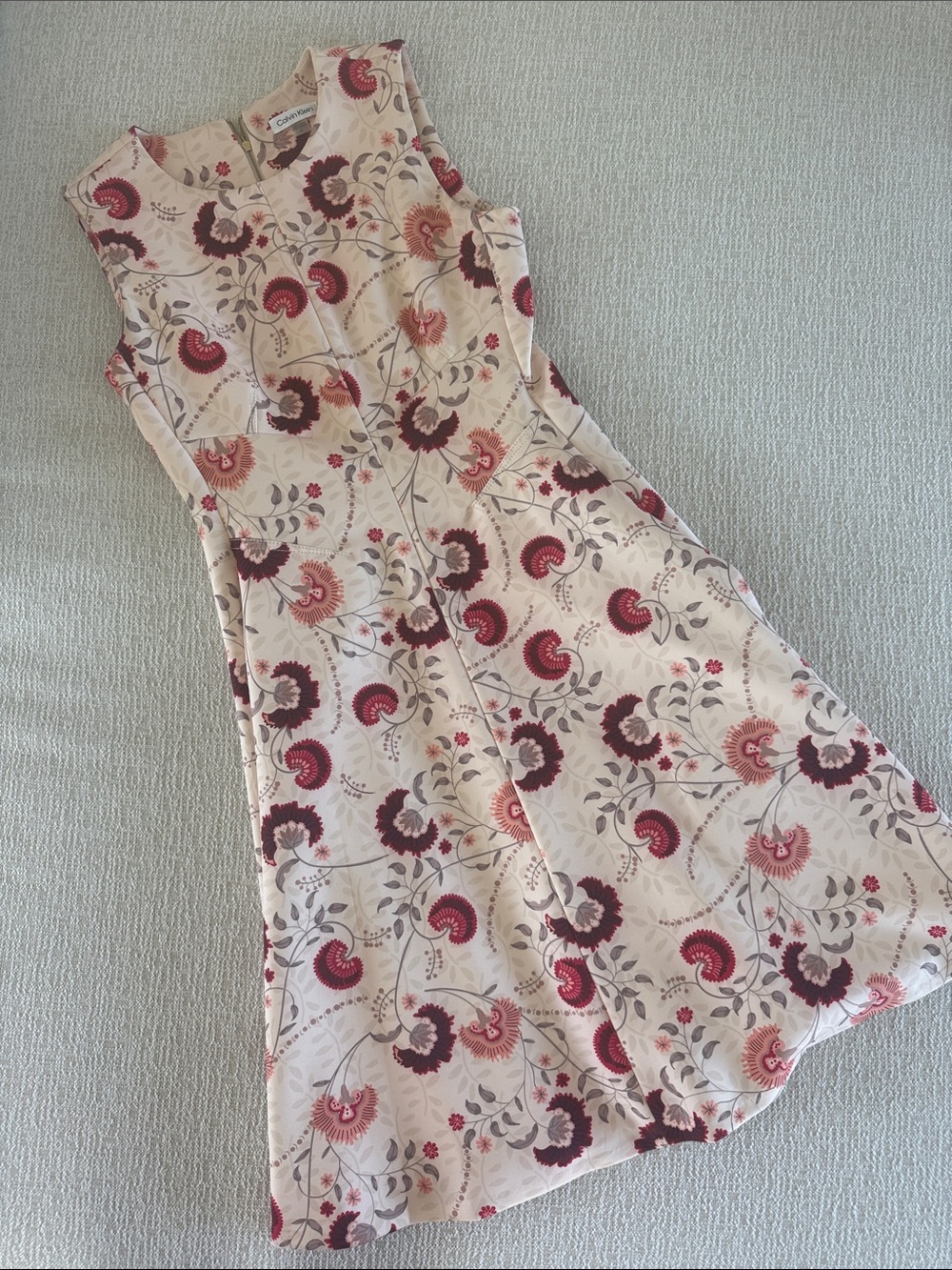 Calvin Klein Sleeveless Midi Dress in Cream with Burgundy Floral Print